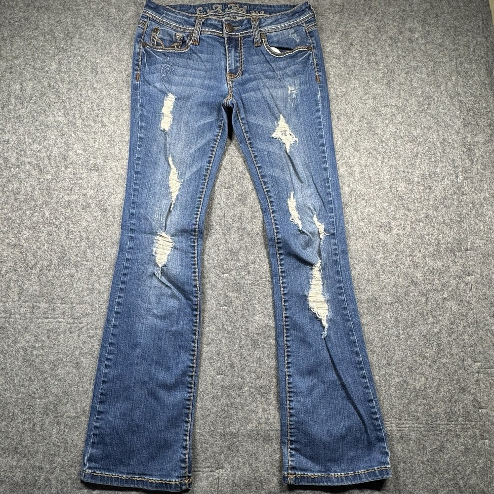 L.A. Idol Womens Juniors Bootcut Jeans Size 9 Blue Distressed 5 Pockets - Picture 2 of 13